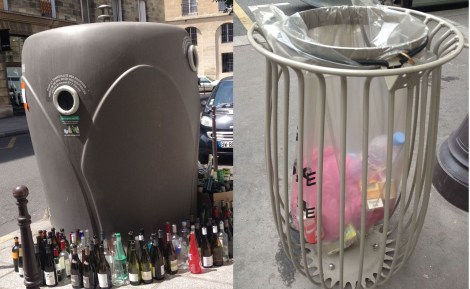 Greige recycling and trash containers in Paris.