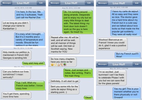 Our story in text bubbles. Lisa was the first person I'd call or text each time I arrived in Paris. As No Love Locks gained momentum, our texts echo it. Lisa was always sending encouragement, whether it was calming me in times of stress, applauding my writing efforts, or helping through my Paris life. The text lower right was sent when the locks came off the Pont des Arts to save the ailing historic bridge. Lisa was too ill to attend the press conference but still hopeful about the future.