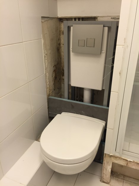 My new toilet in place. After everything dries out, the wall and tiles will be reinstalled.