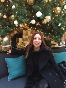 In the lobby at the Marriott Champs-Elysées, where we had a glass of Champagne under the tree.