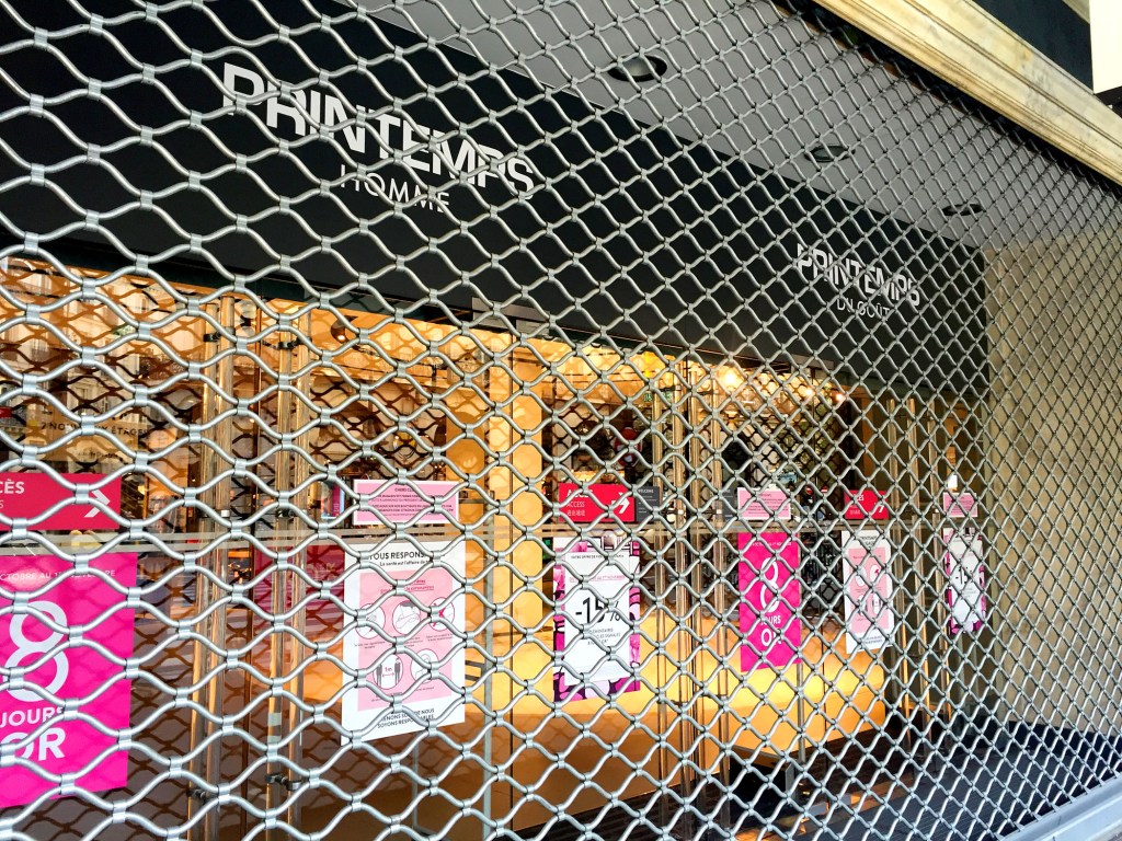 Gates closed at Printemps department store during Lockdown in Paris